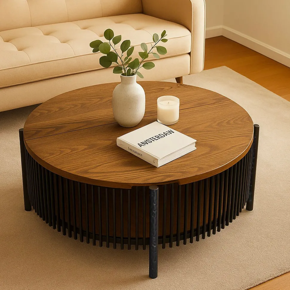 Table basse ronde avec rangement L84cm Curcuma Bois et Métal mareté Noir
