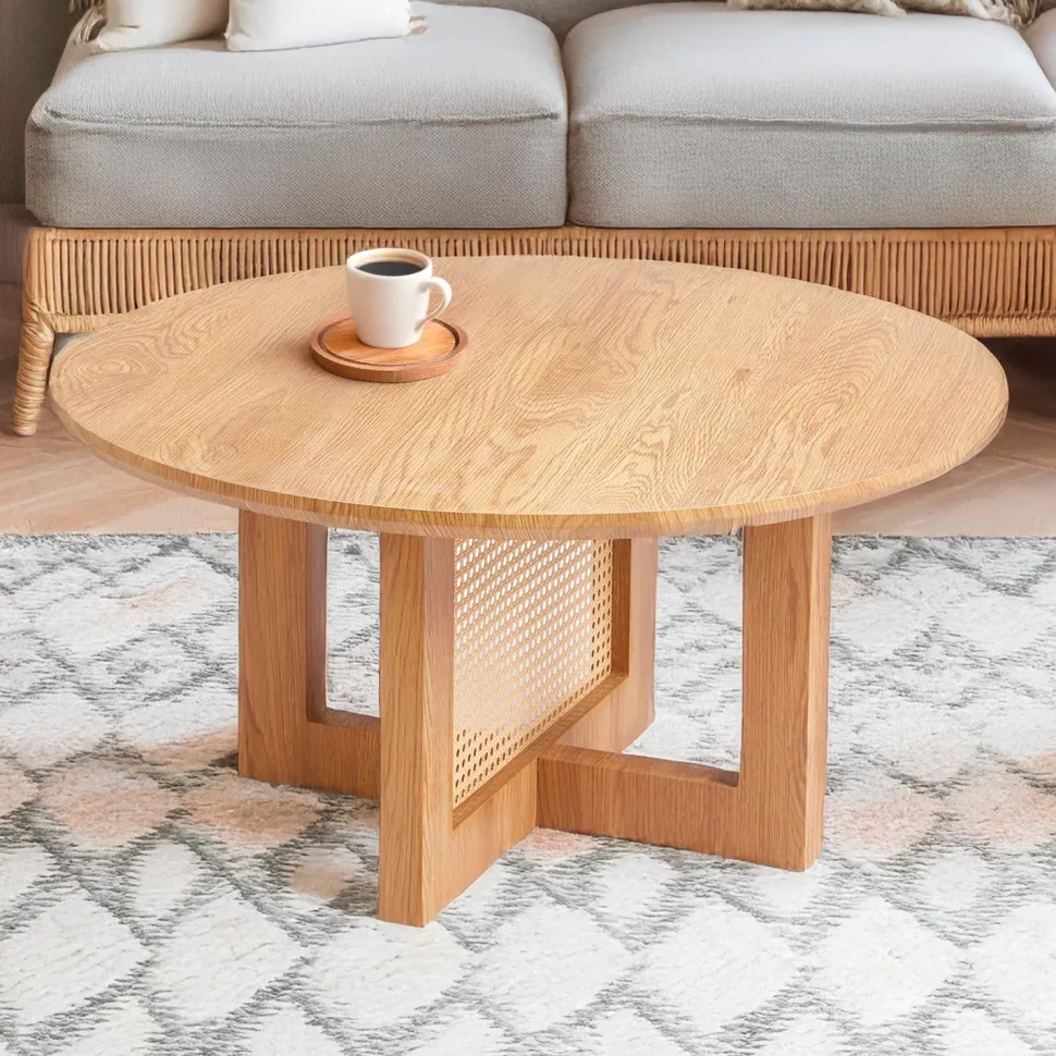 Table basse ronde D80cm Bohemia Chêne clair et Rotin