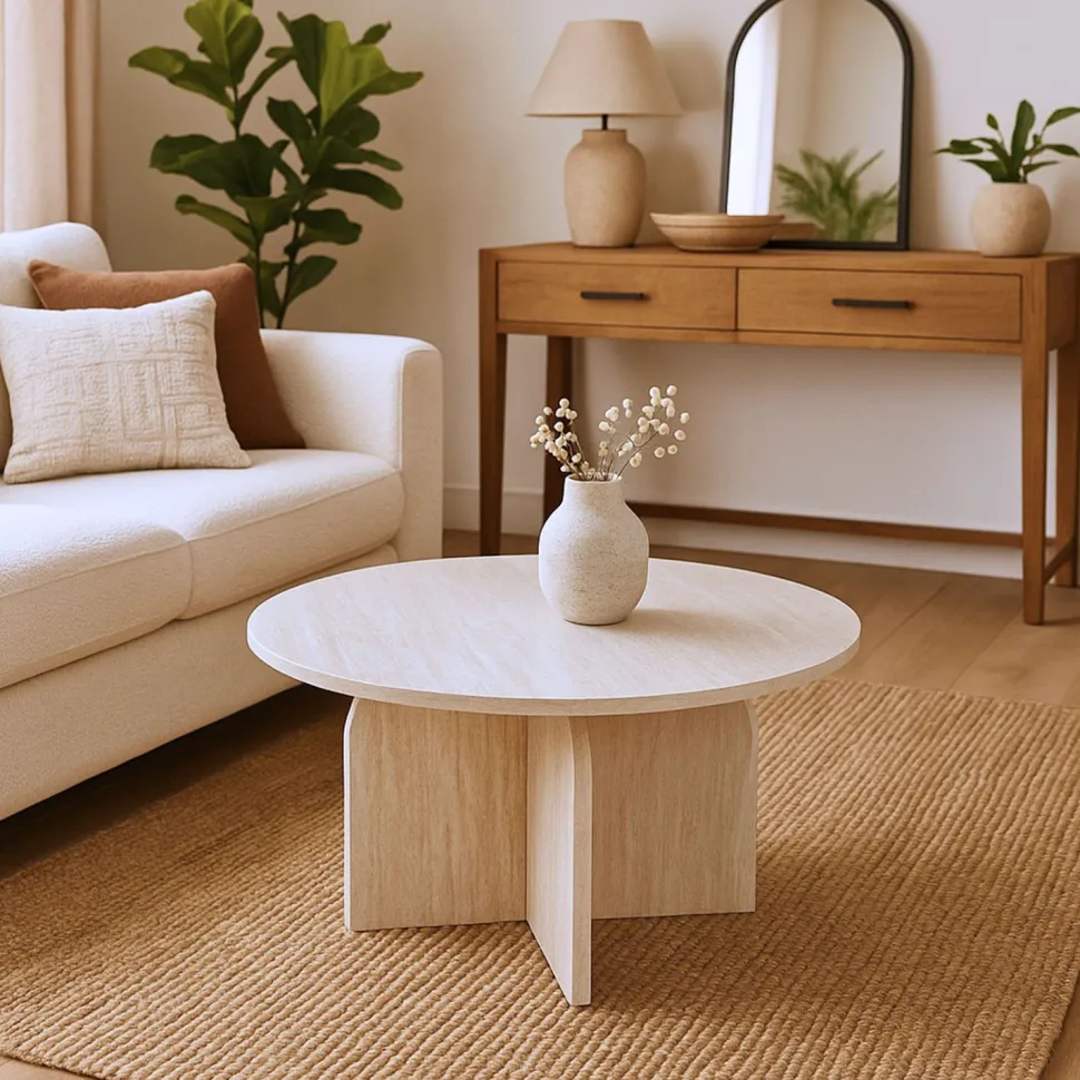 Table basse ronde élégante 80cm Calyptus Effet travertin Beige