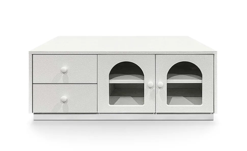Table basse 60x100cm avec portes et tiroirs style naturel chic Volos Blanc texturé