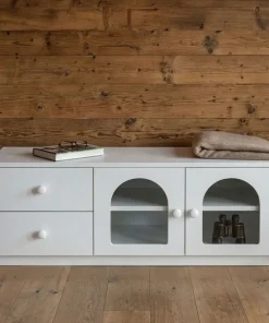 Table basse 60x100cm avec portes et tiroirs style naturel chic Volos Blanc texturé