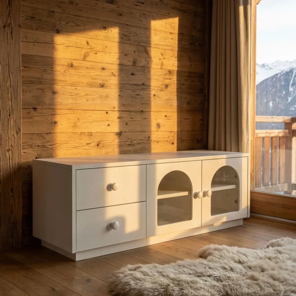 Table basse 60x100cm avec portes et tiroirs style naturel chic Volos Blanc texturé