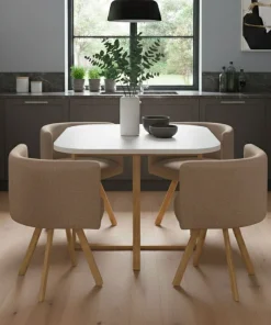 Table carrée 90cm avec 4 chaises gain de place Oslo Blanc et Tissu Taupe