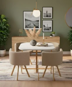 Table carrée 90cm avec 4 chaises gain de place Oslo Blanc et Tissu Taupe