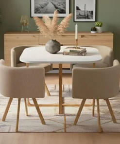 Table carrée 90cm avec 4 chaises gain de place Oslo Blanc et Tissu Taupe