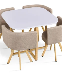 Table carrée 90cm avec 4 chaises gain de place Oslo Blanc et Tissu Taupe