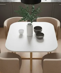 Table carrée 90cm avec 4 chaises gain de place Oslo Blanc et Tissu Taupe