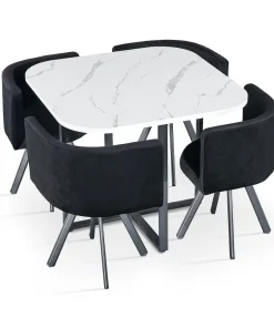 Table carrée 90cm avec 4 chaises gain de place Oslo Effet marbre blanc et Velours Noir