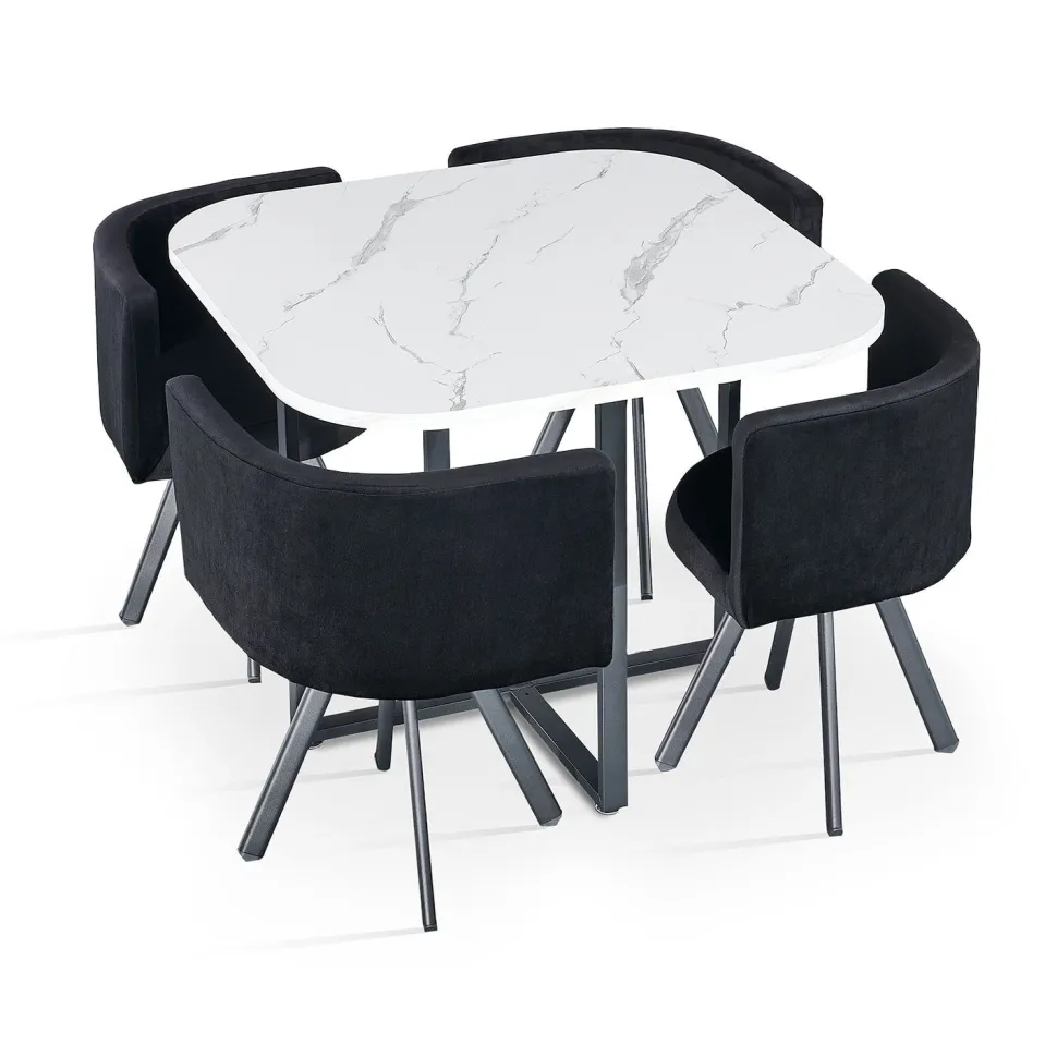 Table carrée 90cm avec 4 chaises gain de place Oslo Effet marbre blanc et Velours Noir