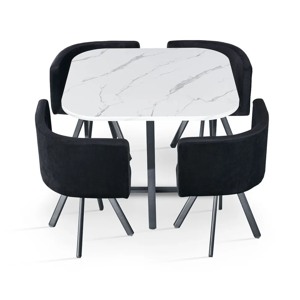 Table carrée 90cm avec 4 chaises gain de place Oslo Effet marbre blanc et Velours Noir