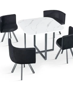 Table carrée 90cm avec 4 chaises gain de place Oslo Effet marbre blanc et Velours Noir