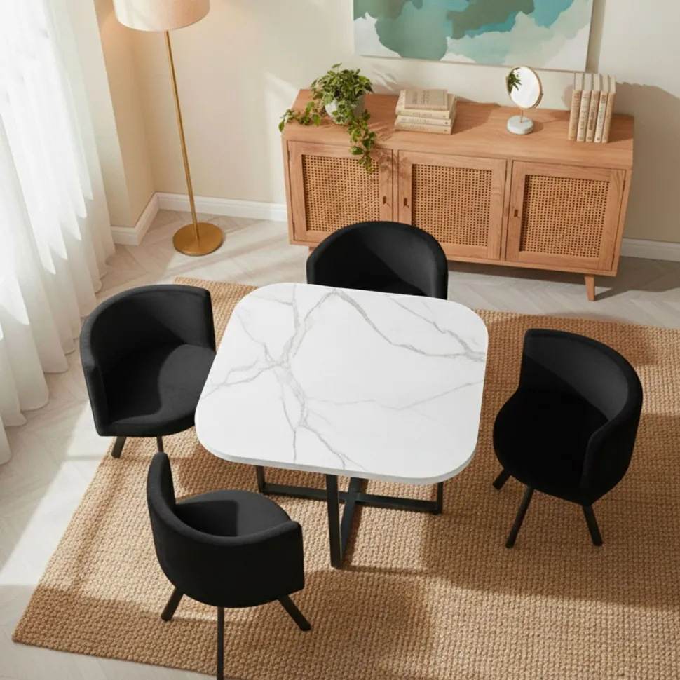 Table carrée 90cm avec 4 chaises gain de place Oslo Effet marbre blanc et Velours Noir