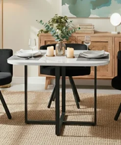 Table carrée 90cm avec 4 chaises gain de place Oslo Effet marbre blanc et Velours Noir