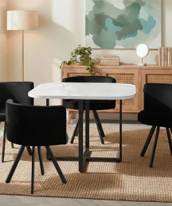 Table carrée 90cm avec 4 chaises gain de place Oslo Effet marbre blanc et Velours Noir