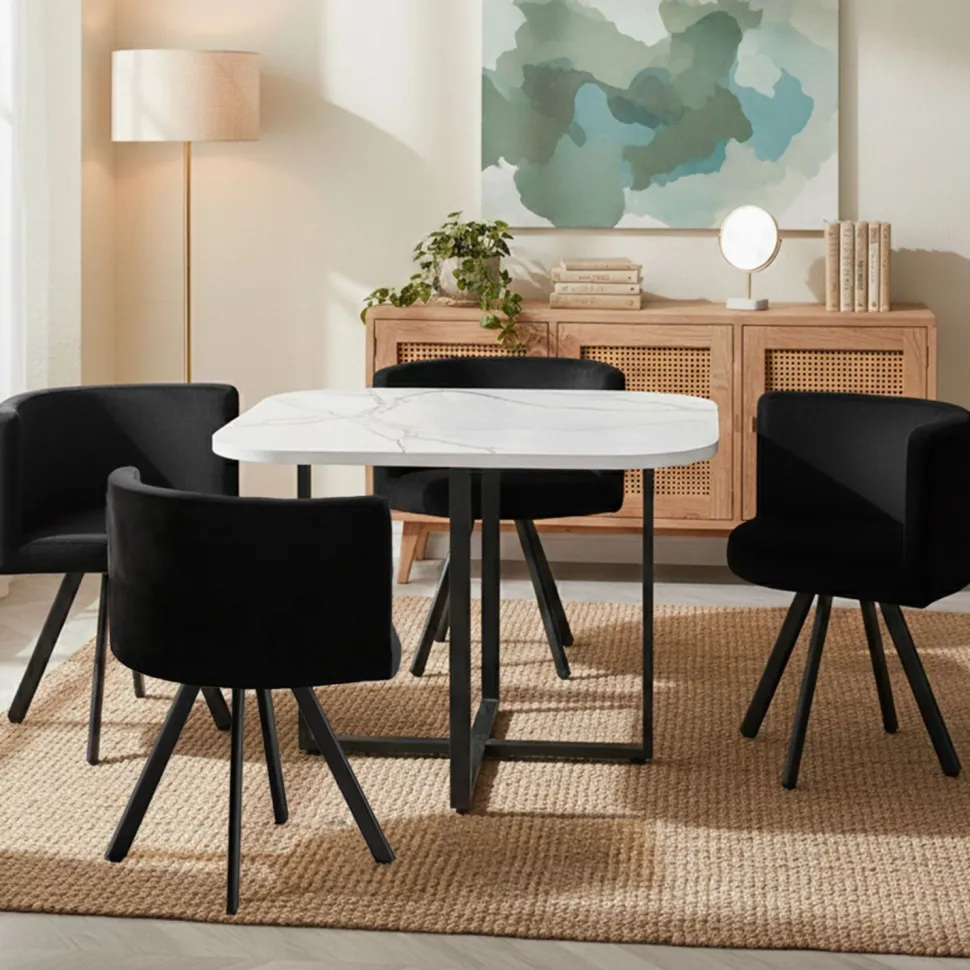 Table carrée 90cm avec 4 chaises gain de place Oslo Effet marbre blanc et Velours Noir