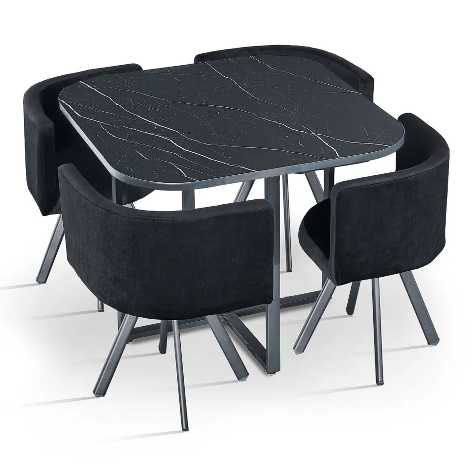Table carrée 90cm avec 4 chaises gain de place Oslo Effet marbre noir et Velours Noir