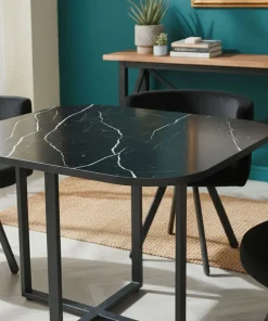 Table carrée 90cm avec 4 chaises gain de place Oslo Effet marbre noir et Velours Noir