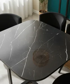 Table carrée 90cm avec 4 chaises gain de place Oslo Effet marbre noir et Velours Noir