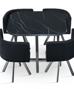 Table carrée 90cm avec 4 chaises gain de place Oslo Effet marbre noir et Velours Noir