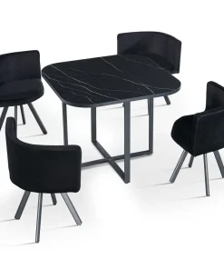 Table carrée 90cm avec 4 chaises gain de place Oslo Effet marbre noir et Velours Noir