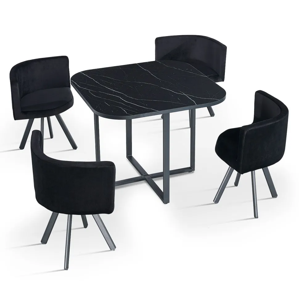 Table carrée 90cm avec 4 chaises gain de place Oslo Effet marbre noir et Velours Noir