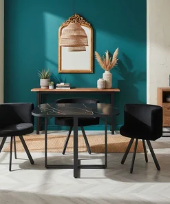 Table carrée 90cm avec 4 chaises gain de place Oslo Effet marbre noir et Velours Noir