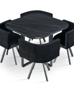 Table carrée 90cm avec 4 chaises gain de place Oslo Effet marbre noir et Velours Noir
