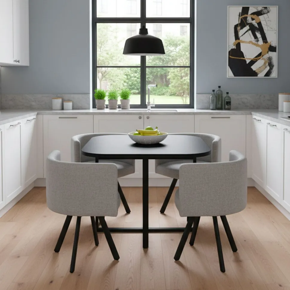 Table carrée 90cm avec 4 chaises gain de place Oslo Noir et Tissu Gris