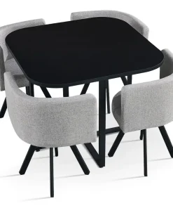 Table carrée 90cm avec 4 chaises gain de place Oslo Noir et Tissu Gris
