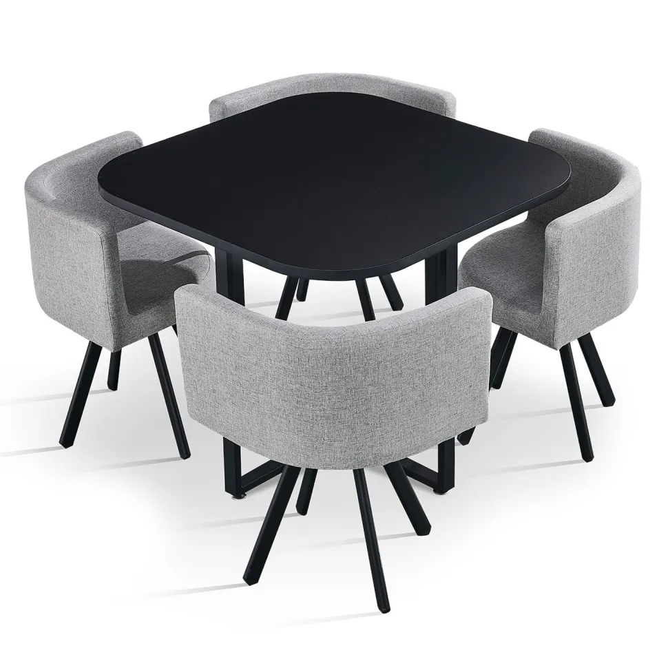 Table carrée 90cm avec 4 chaises gain de place Oslo Noir et Tissu Gris