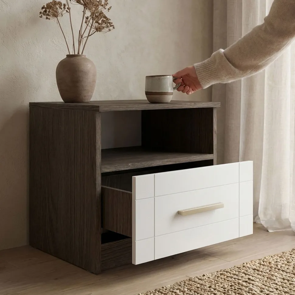 Table de chevet 1 tiroir Tenessil Chêne foncé et Blanc
