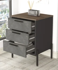 Table de chevet moderne 3 tiroirs Biallo Bois foncé, Gris béton et Anthracite