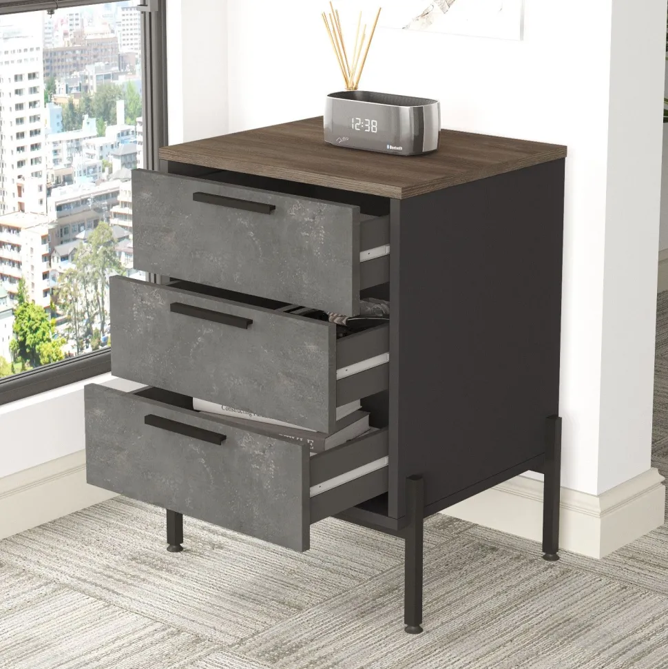 Table de chevet moderne 3 tiroirs Biallo Bois foncé, Gris béton et Anthracite