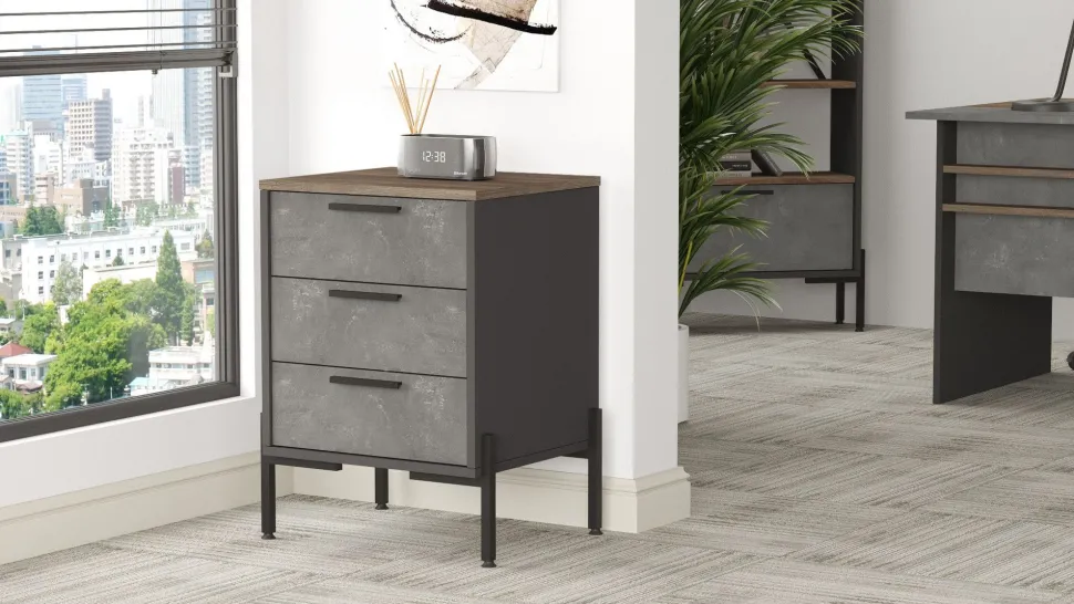 Table de chevet moderne 3 tiroirs Biallo Bois foncé, Gris béton et Anthracite