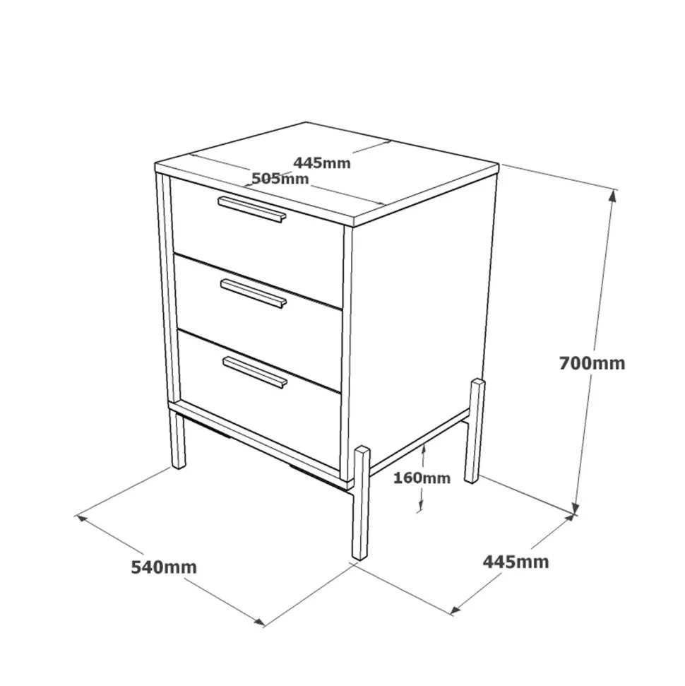 Table de chevet moderne 3 tiroirs Biallo Bois foncé, Gris béton et Anthracite