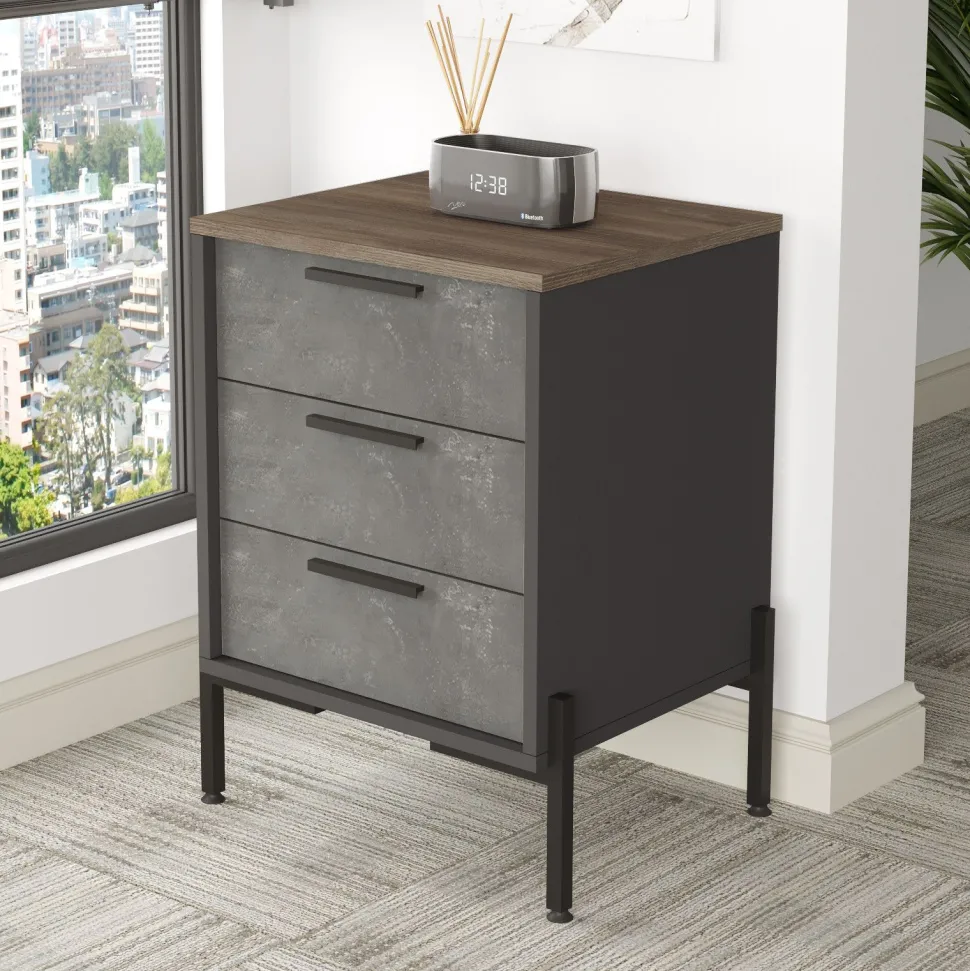 Table de chevet moderne 3 tiroirs Biallo Bois foncé, Gris béton et Anthracite