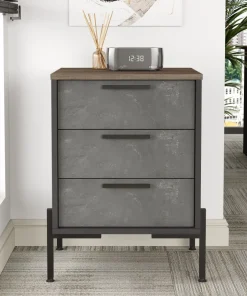 Table de chevet moderne 3 tiroirs Biallo Bois foncé, Gris béton et Anthracite