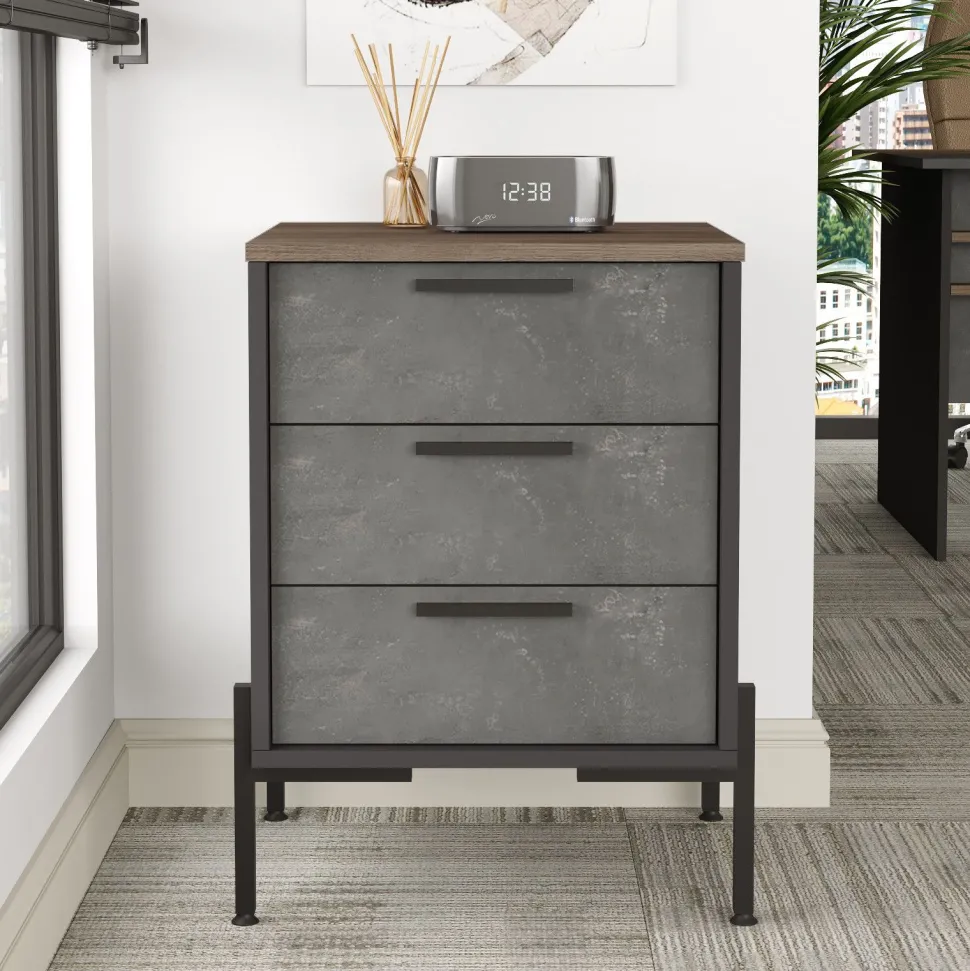 Table de chevet moderne 3 tiroirs Biallo Bois foncé, Gris béton et Anthracite