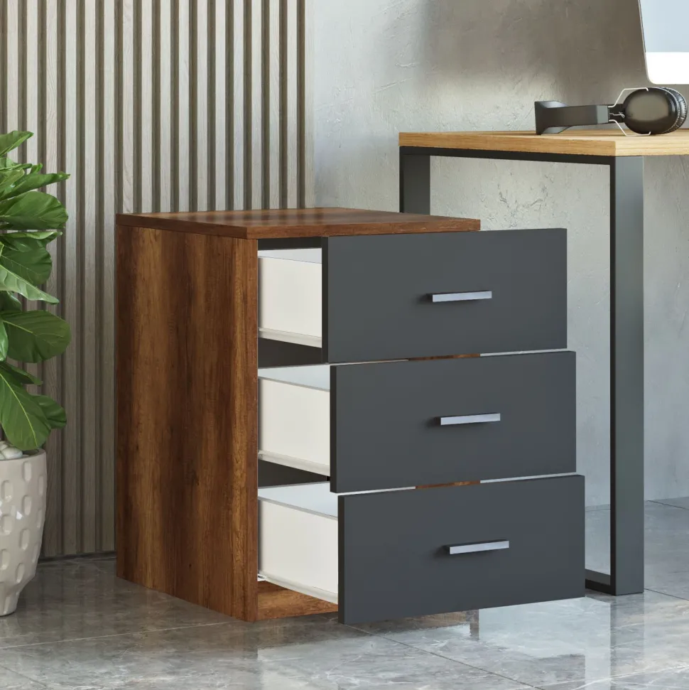 Table de chevet Moderne 3 Tiroirs Sylar Chêne foncé et Anthracite
