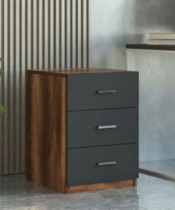 Table de chevet Moderne 3 Tiroirs Sylar Chêne foncé et Anthracite