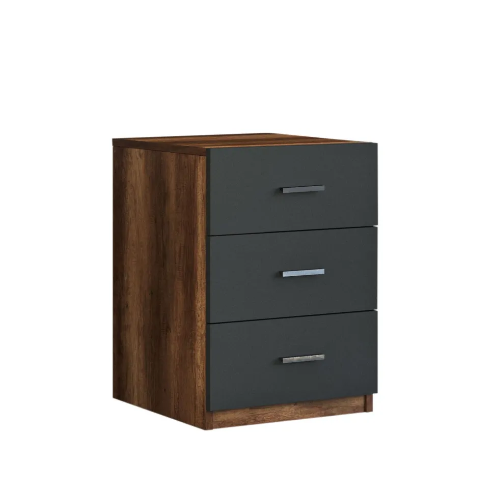 Table de chevet Moderne 3 Tiroirs Sylar Chêne foncé et Anthracite