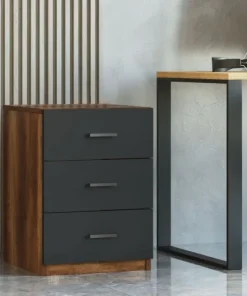 Table de chevet Moderne 3 Tiroirs Sylar Chêne foncé et Anthracite