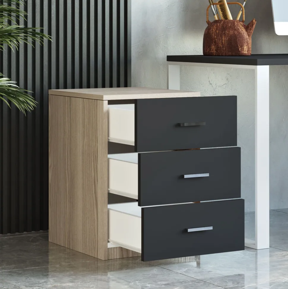 Table de chevet Moderne 3 Tiroirs Sylar Chêne et Noir