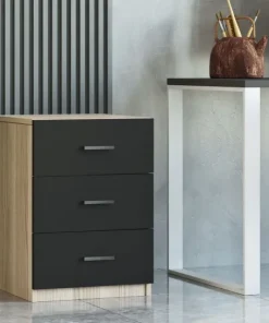 Table de chevet Moderne 3 Tiroirs Sylar Chêne et Noir