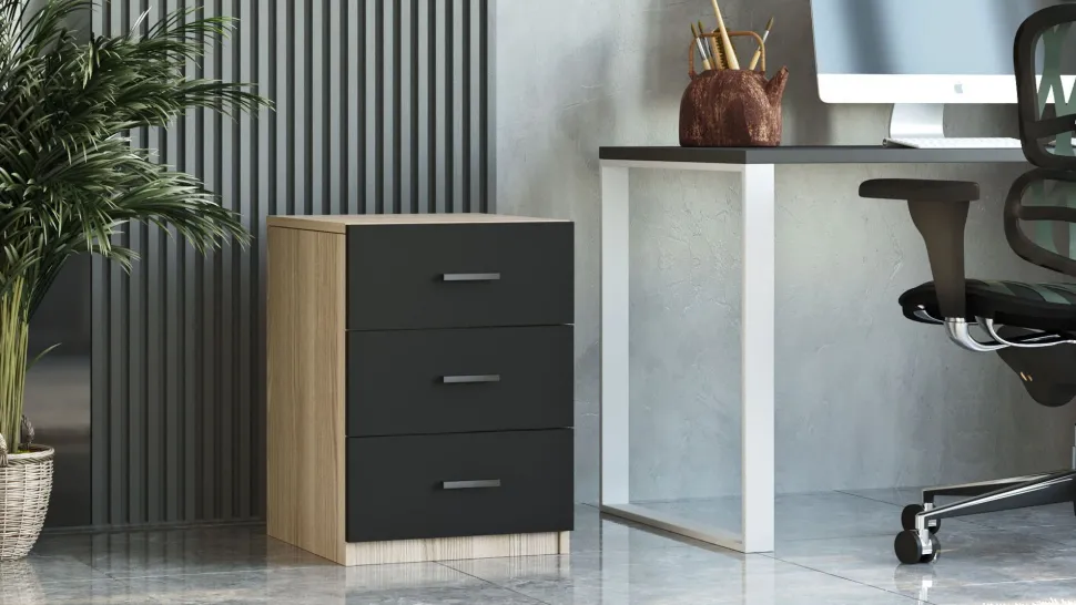Table de chevet Moderne 3 Tiroirs Sylar Chêne et Noir