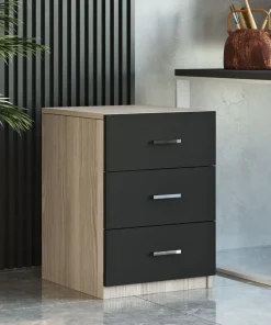 Table de chevet Moderne 3 Tiroirs Sylar Chêne et Noir