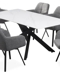 Table de salle à manger rectangulaire Axelia Métal Noir et Céramique effet marbre Blanc