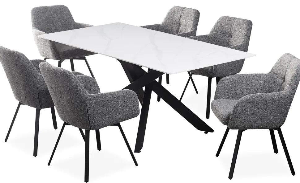 Table de salle à manger rectangulaire Axelia Métal Noir et Céramique effet marbre Blanc