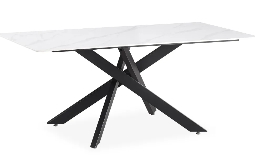 Table de salle à manger rectangulaire Axelia Métal Noir et Céramique effet marbre Blanc