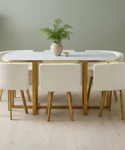 Table et chaises Oslo XL Or Effet Marbre Blanc et Simili Blanc